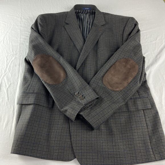 Stafford Essentials Blazer Mens 52R Gray Brown Blue Check With Elbow Patches - Picture 13 of 14